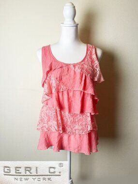 Geri C. New York Coral Pink Tiered Ruffle & Lace Romantic Tank Top | Small | EUC